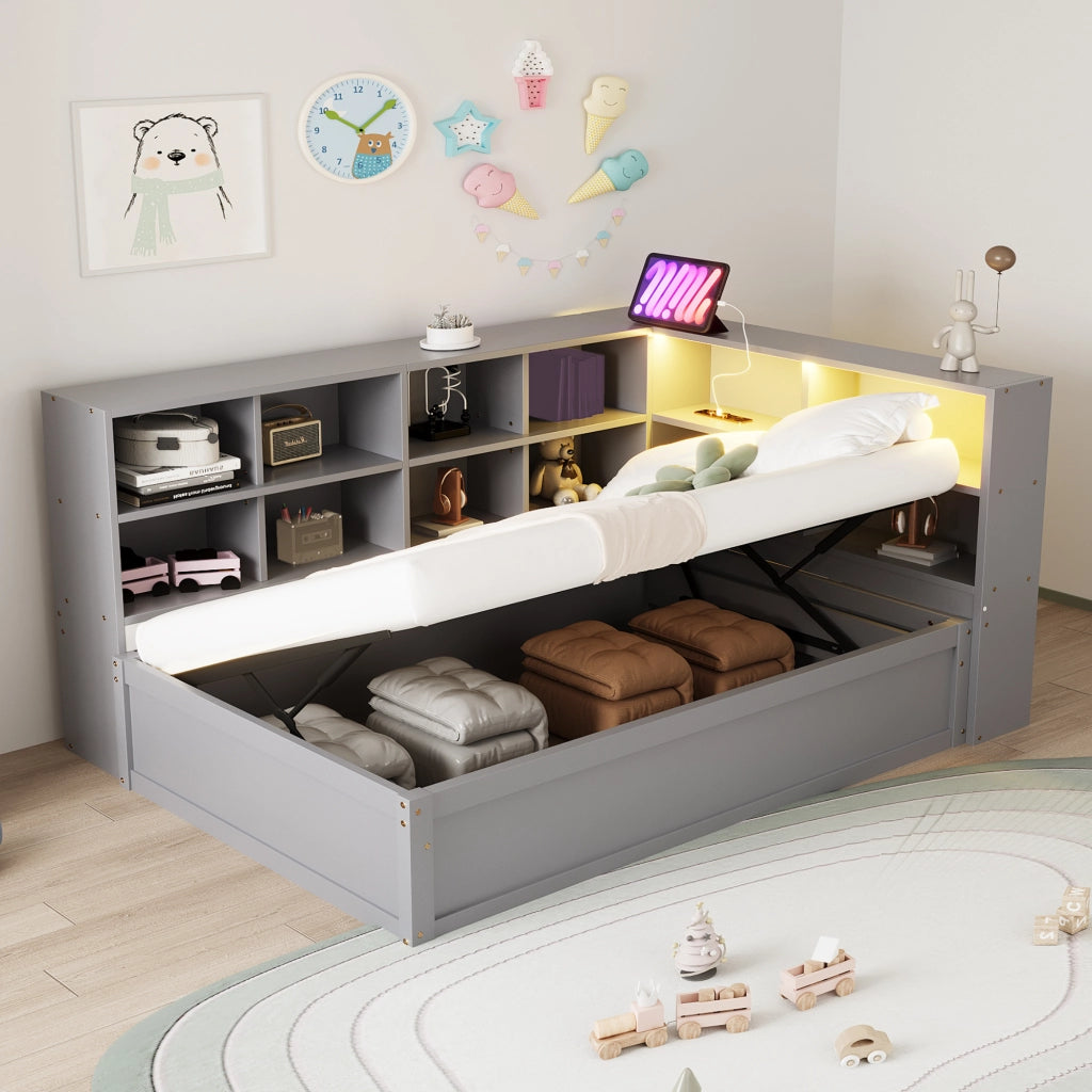Letto singolo 90 × 200 cm con vano contenitore idraulico prese integrate e LED controllabile in legno grigio