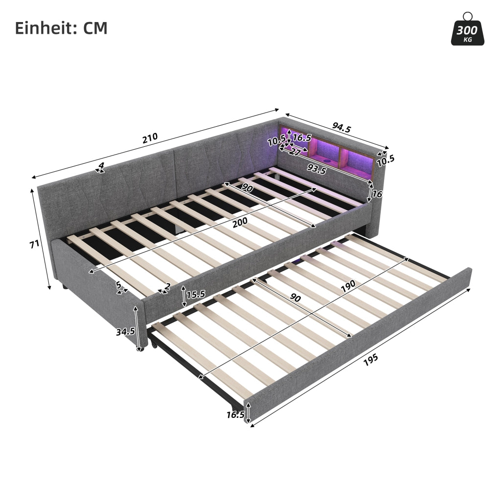 Letto singolo 90x200 cm con secondo letto estraibile; LED; USB e tipo C; lino e MDF; beige