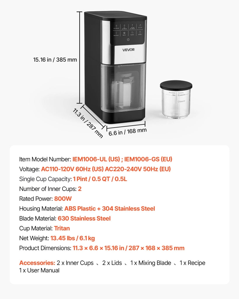 Gelatiera da Banco Elettrica 800W IEM1006-GS Macchina per Gelato 7 in 1 con 2 Coppe da 0,5L per Sorbetti e Dolci Uso Domestico