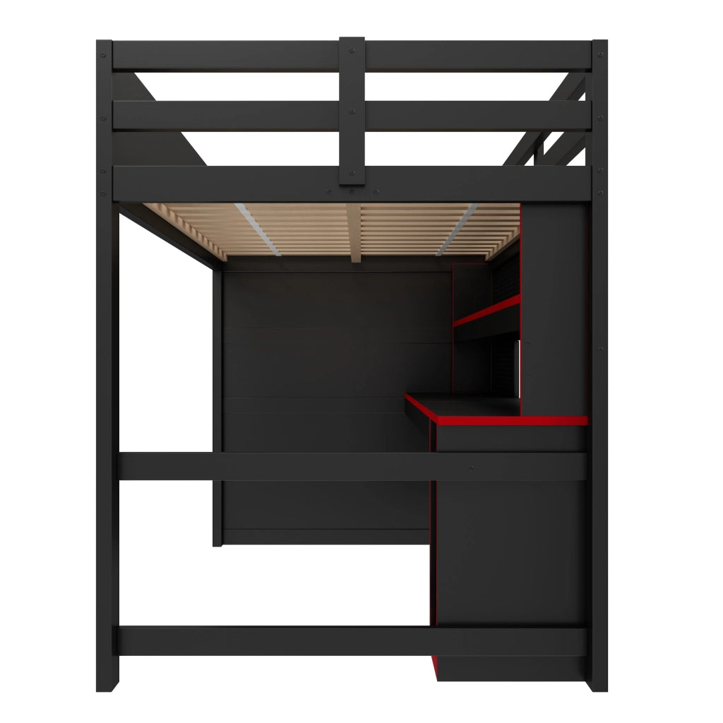 Letto a soppalco da gioco 140x200 cm con scrivania; LED e USB; nero e rosso