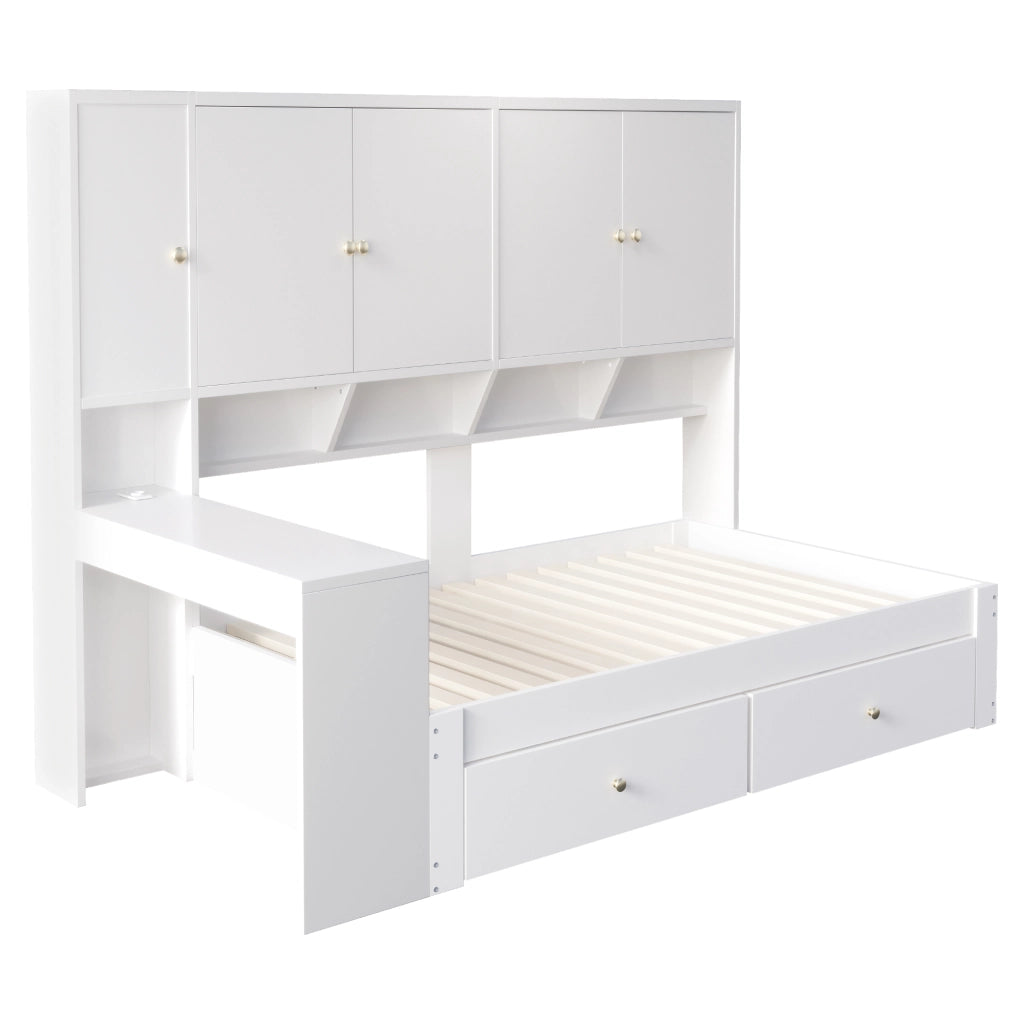 Letto con cassetti 90 × 200 cm con scrivania integrata armadi ripiani LED prese rete a doghe struttura in MDF bianco