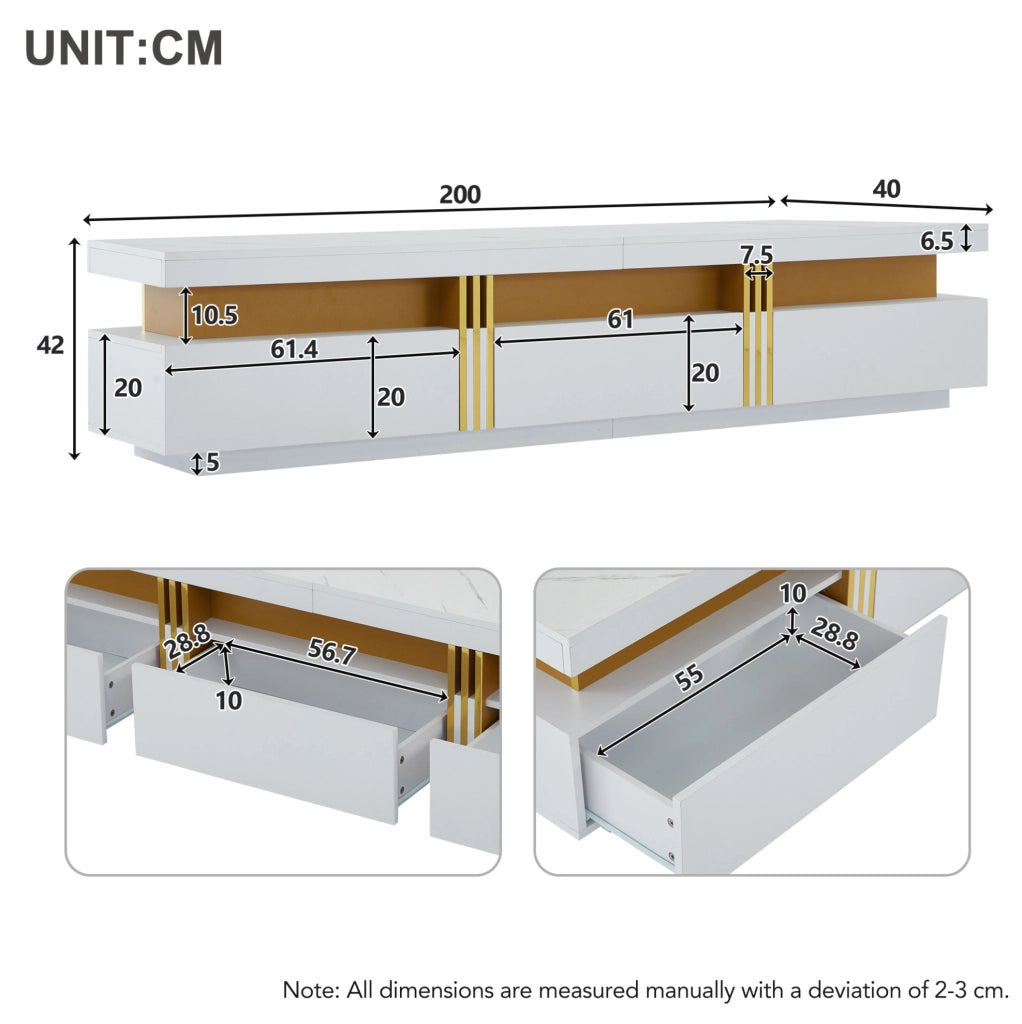 Mobile TV bianco 200 cm effetto marmo con 3 cassetti