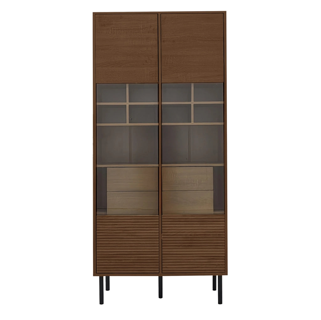 Mobile multiuso in legno noce con frontale in vetro, ripiani e cassetto nascosto per bagno, soggiorno e ufficio