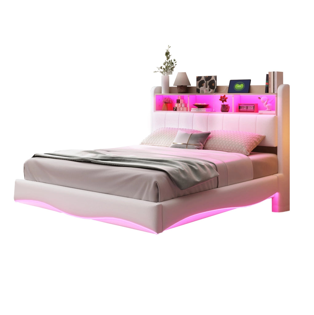 Letto Imbottito Sospeso 140x200 cm Beige con LED, USB/Type-C e Contenitore