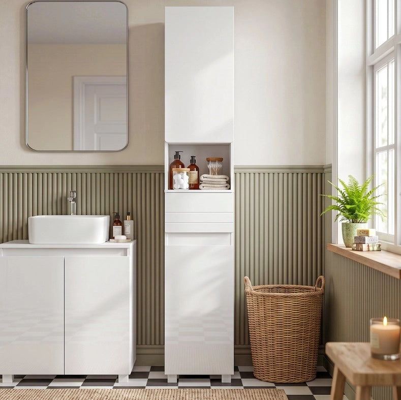 Mobile bagno verticale bianco lucido 30 x 30 x 170 cm con ripiani regolabili