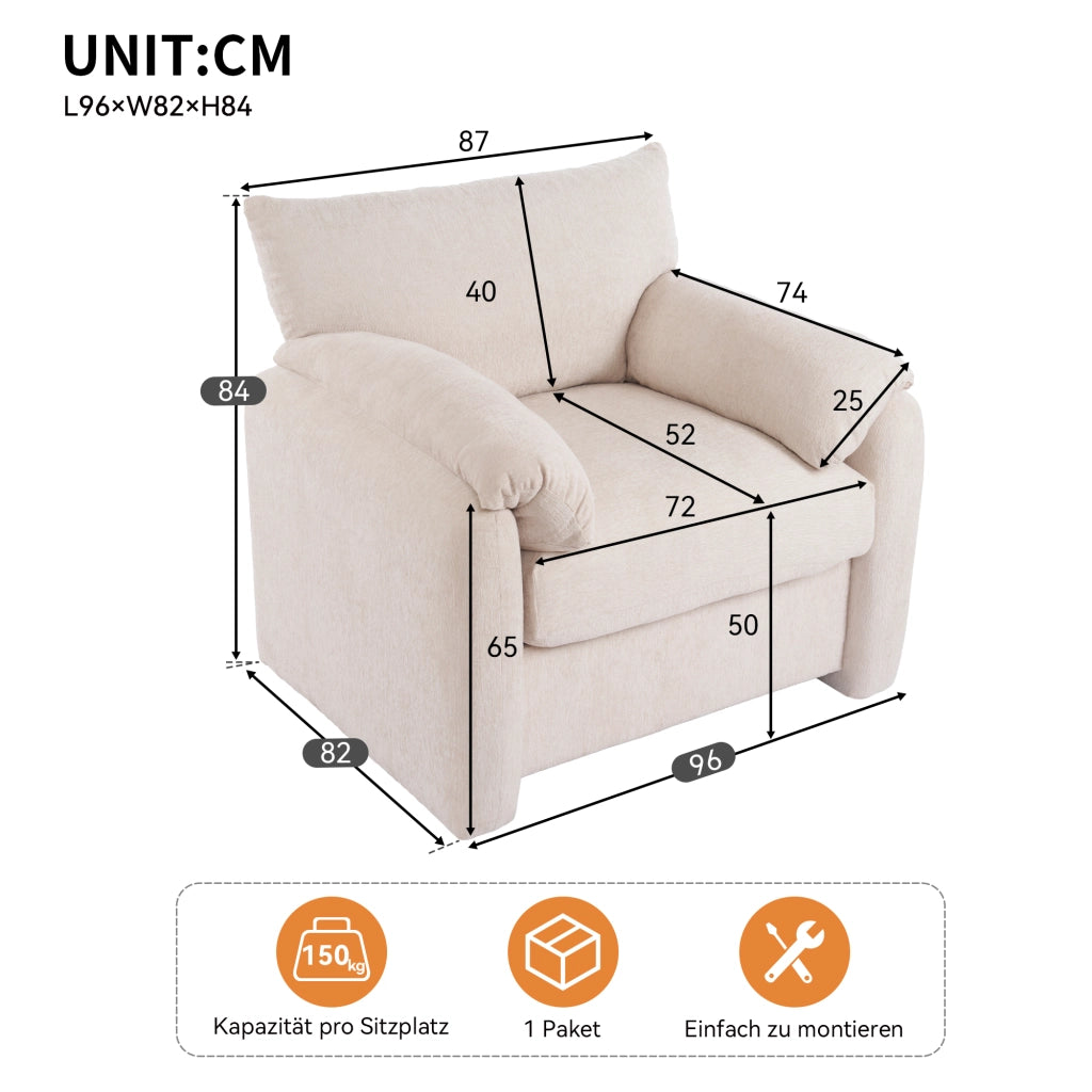 Poltrona moderna in ciniglia; 96 x 82 x 84 cm; monoposto con braccioli; beige