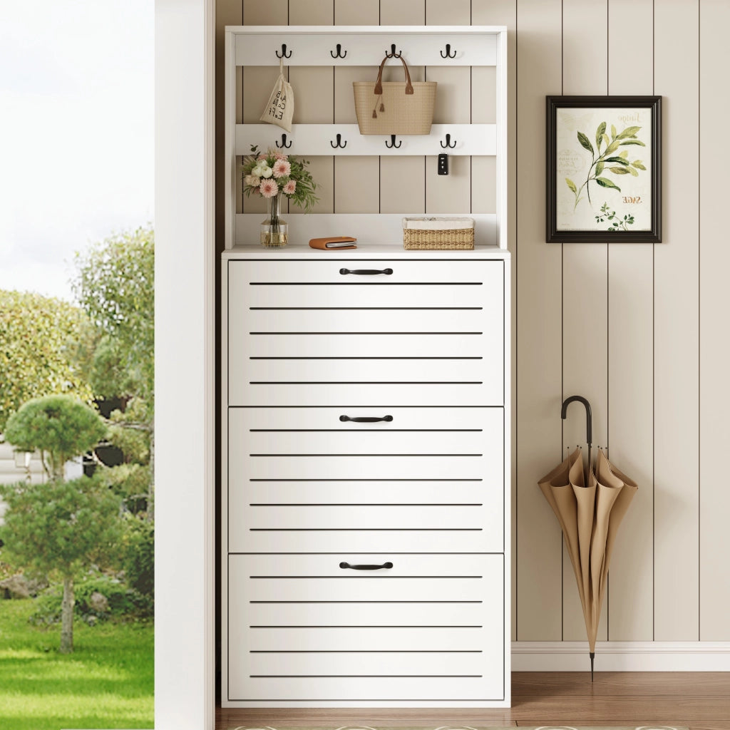 Scarpiera con 3 ripiani e 8 ganci per accessori, per ingresso e camera da letto, in truciolare bianco, 70 × 25 × 165 cm