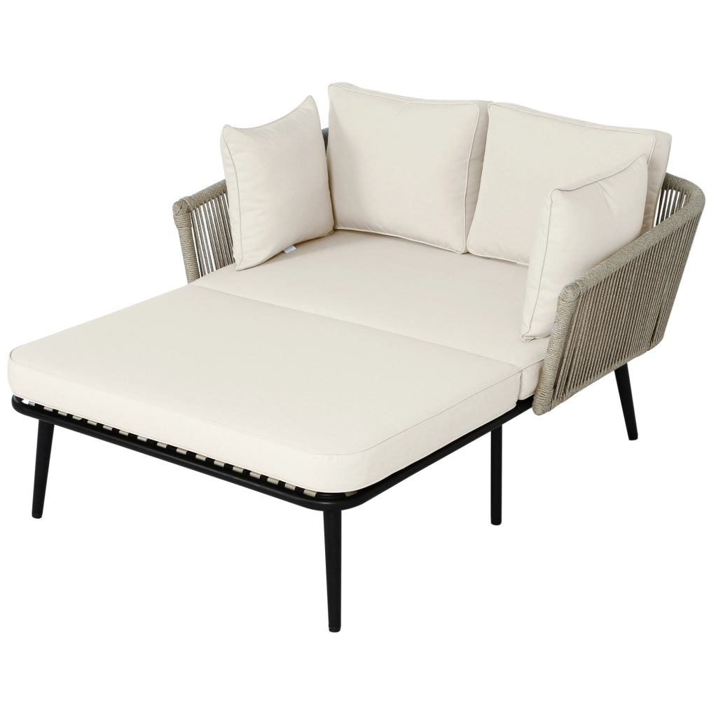 Divano da giardino con 2 cuscini e struttura in acciaio, tessuto beige e corda kaki, per esterni, balcone e terrazza