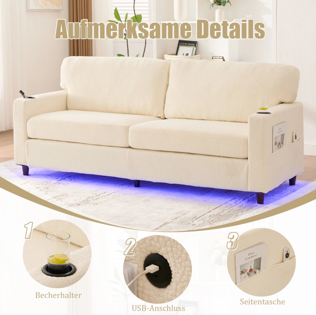 Divano 2 posti in ciniglia beige con USB-C; LED dimmerabile e portabevande