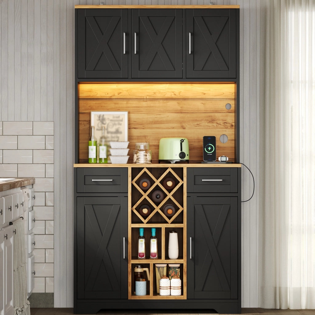 Mobile cucina alto ULEVR 105x40x180 cm con LED RGB, portabottiglie estraibile, 2 cassetti e prese USB, naturale e nero