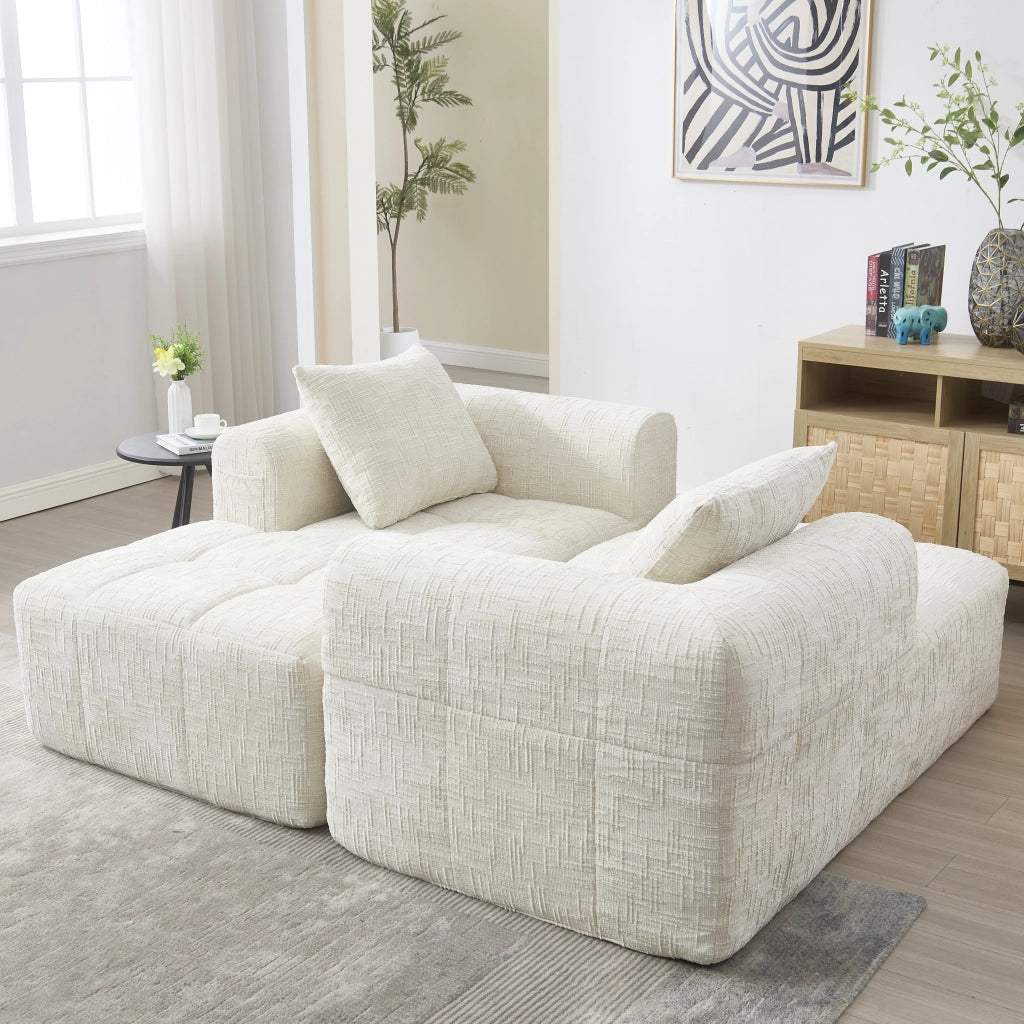 Divano 3 posti con penisola in ciniglia beige; 250 cm; senza montaggio; con tasche laterali e 3 cuscini