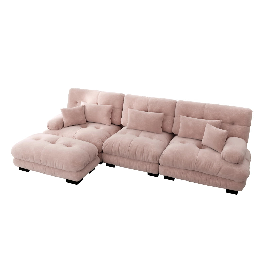 Divano modulare in chenille rosa con ottomani mobili configurabile ad angolo; lineare o a U con seduta profonda