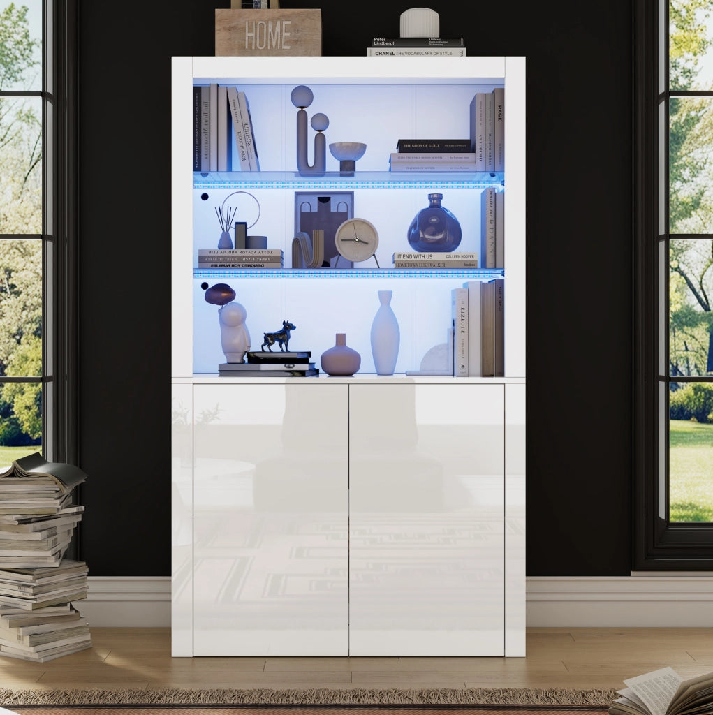 Vetrina con LED a 16 colori; 100 x 35 x 170 cm; MDF; vetro temperato; bianco lucido
