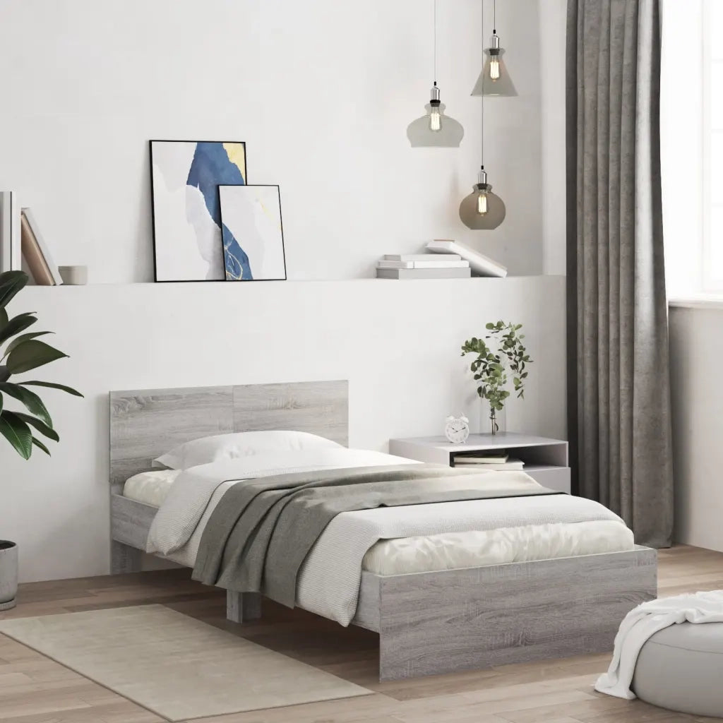Letto singolo | Letto per adulti | Giroletto Testiera Grigio Sonoma 100x200 cm Legno Multistrato