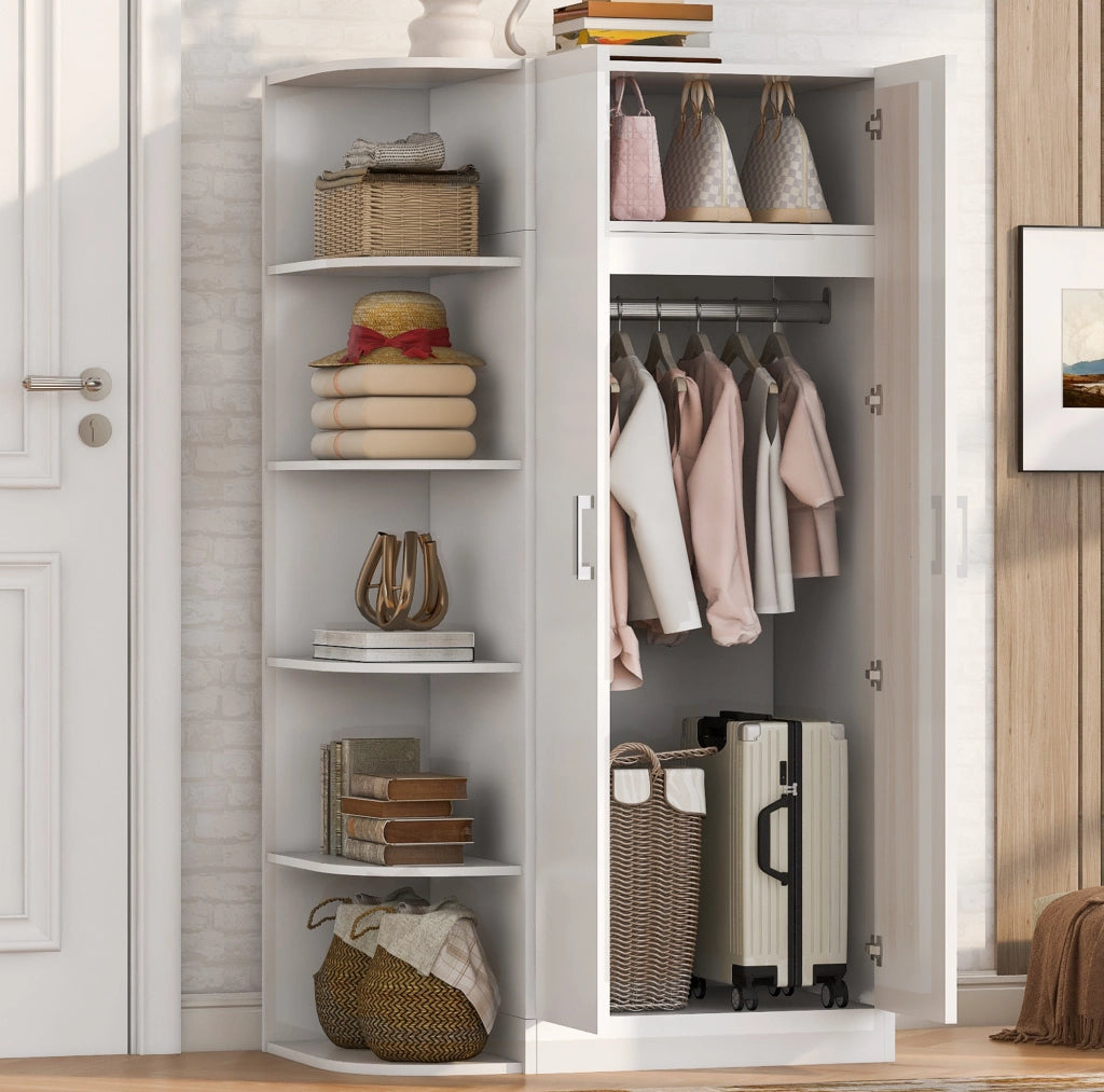 Armadio con doppia anta 90x55x170 cm, ripiani multi-livello, struttura in metallo e MDF, colore bianco