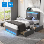 Letto imbottito con USB, LED e 4 cassetti, 90x200 cm, grigio