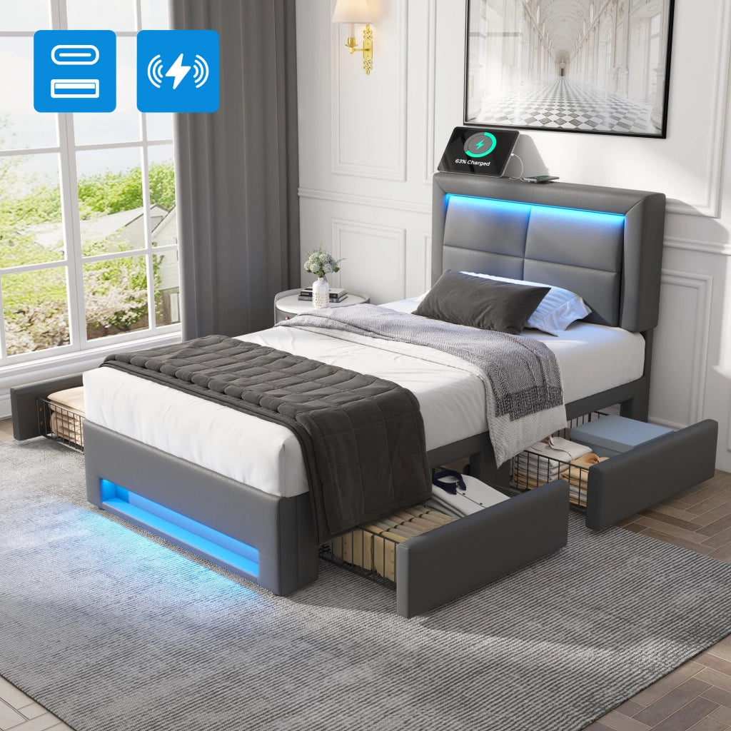 Letto imbottito con USB, LED e 4 cassetti, 90x200 cm, grigio