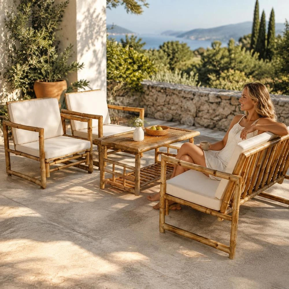 4-piece Garden Lounge Set With Cushions, Bamboo