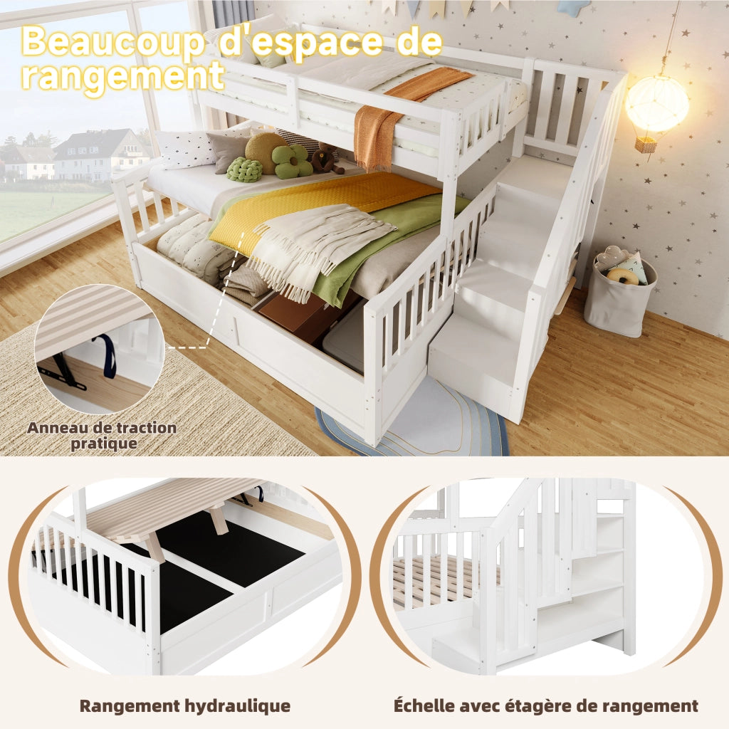 Letto a castello con vano contenitore idraulico e scala con vani in legno bianco e naturale