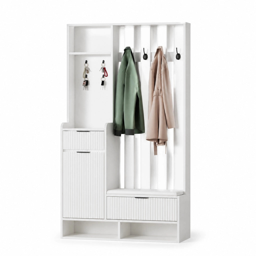 Mobile ingresso 6 in 1 100x30x180 cm con panca; 8 ganci e cassetti; bianco