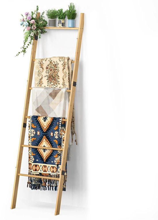 Scale a 6-traps Handdoekladder per la Camera da Letto, Decorativo Supporto per Asciugamani per Coperte e Quilts, Piastra di Stoccaggio per Coperte e Quilts che si Appoggia al Muro, per la Camera da Letto, Naturale