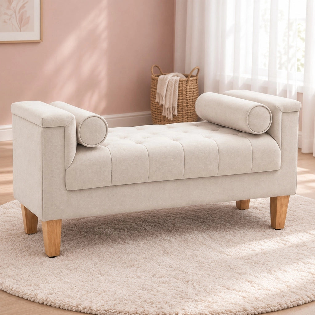 Panca imbottita 115x44x58 cm in poliestere beige con braccioli e gambe in legno di caucci¨´