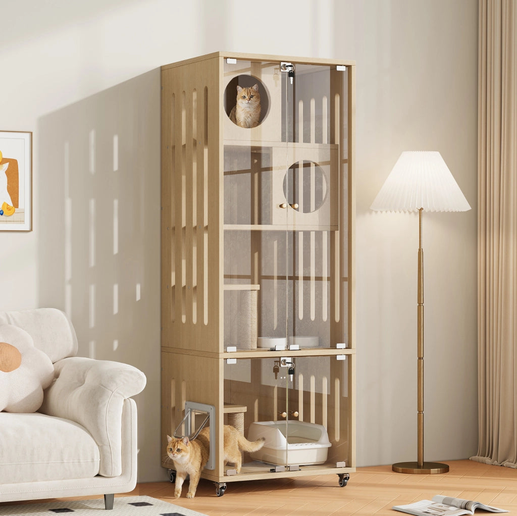 GABBIA PER GATTI Multilivello in MDF e Vetro Colore Naturale con Ruote