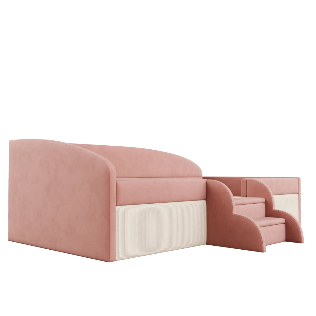 Letto imbottito 90 × 190 cm con sponde laterali; gradini doppi antiscivolo; rete a doghe e rivestimento in velluto