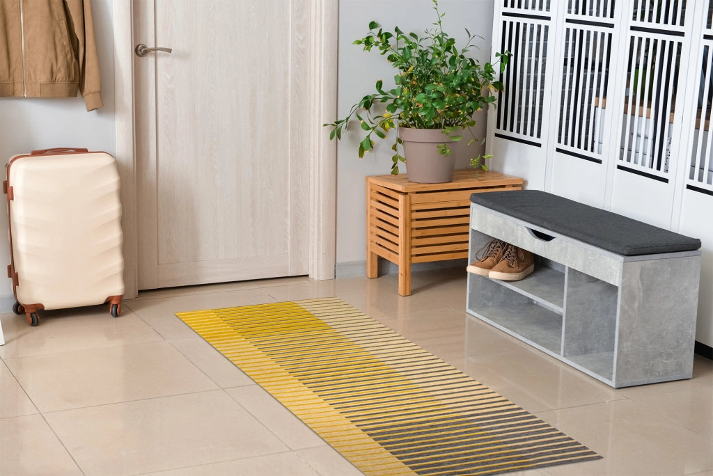 Tappeto Arredo Moderno Morbido in Ciniglia Ingresso Antiscivolo Prodotto Italiano  Soggiorno Camera Salotto Disegni Piazzati Cotone Varie Misure Grande Neon/Senape - 65x175 cm