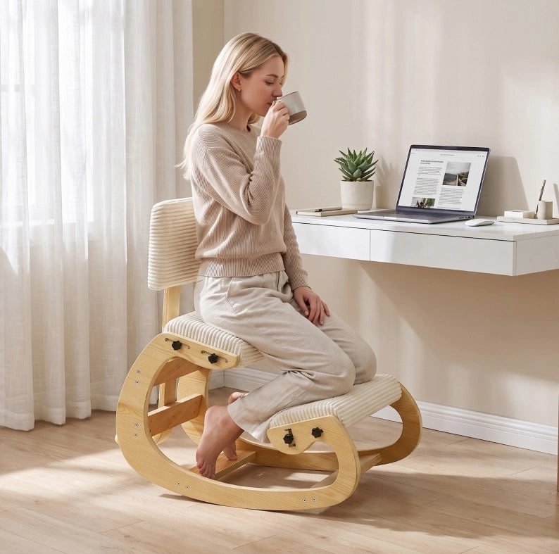 Sedia ergonomica a ginocchio con schienale in velluto a coste crema per casa e ufficio