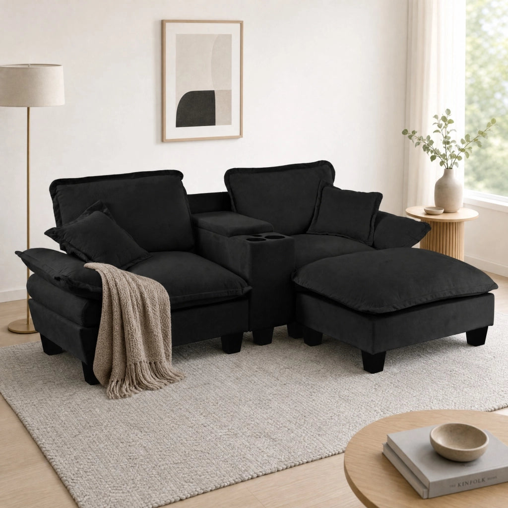 Divano angolare modulare 224x155x90 cm in ciniglia nera con USB e contenitore