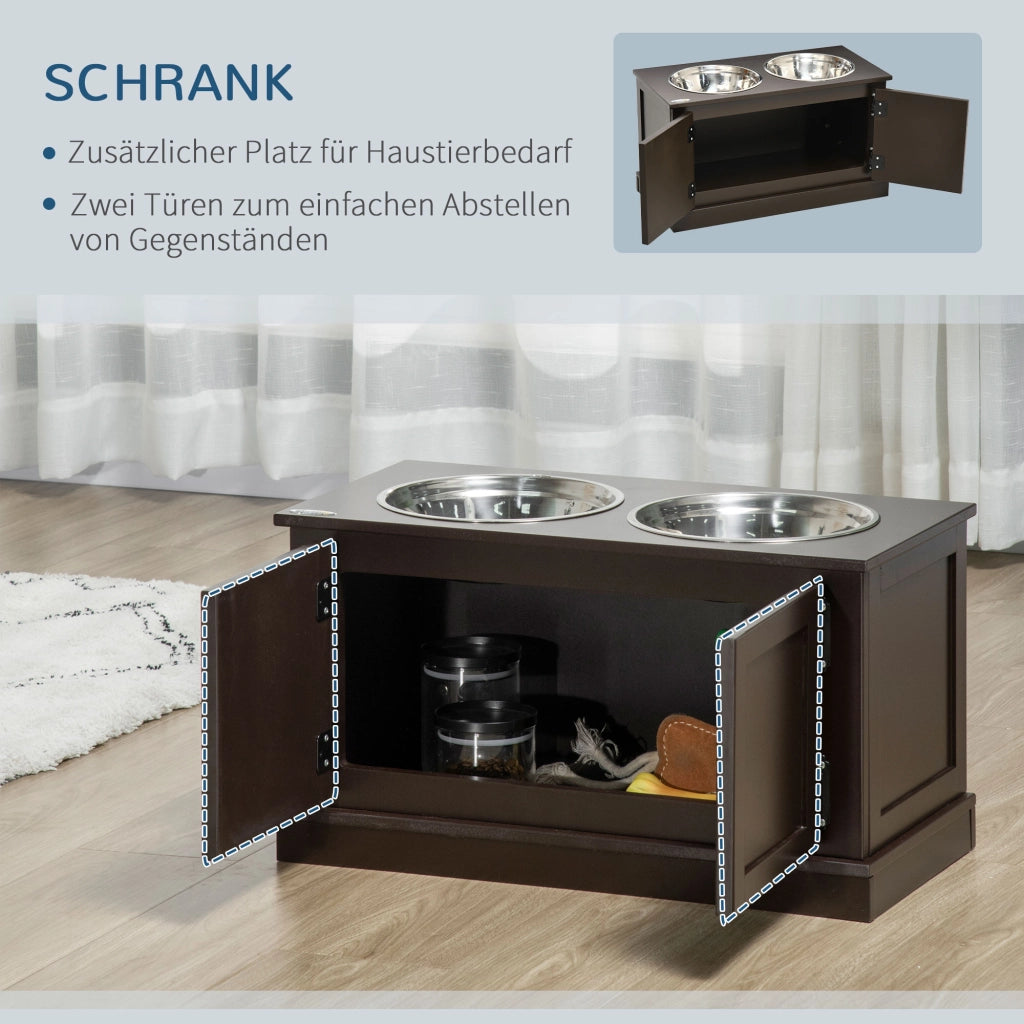 Mobile portaciotole rialzato con vano portaoggetti e 2 ciotole in acciaio inox da 2 l color caffè 60 × 30 × 34 cm