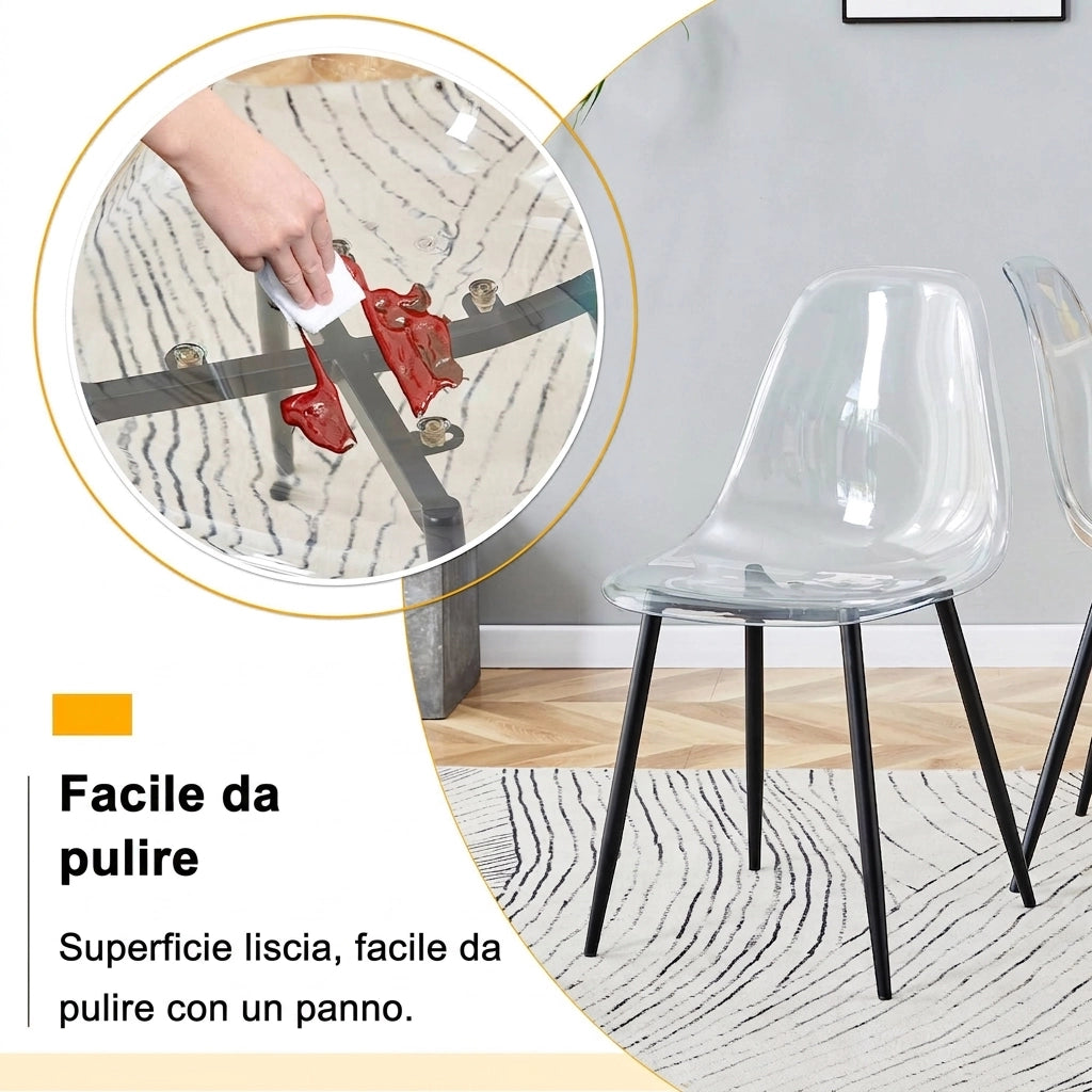 Set di 4 sedie da pranzo in plastica trasparente; 83 cm; design ergonomico con gambe in metallo nero