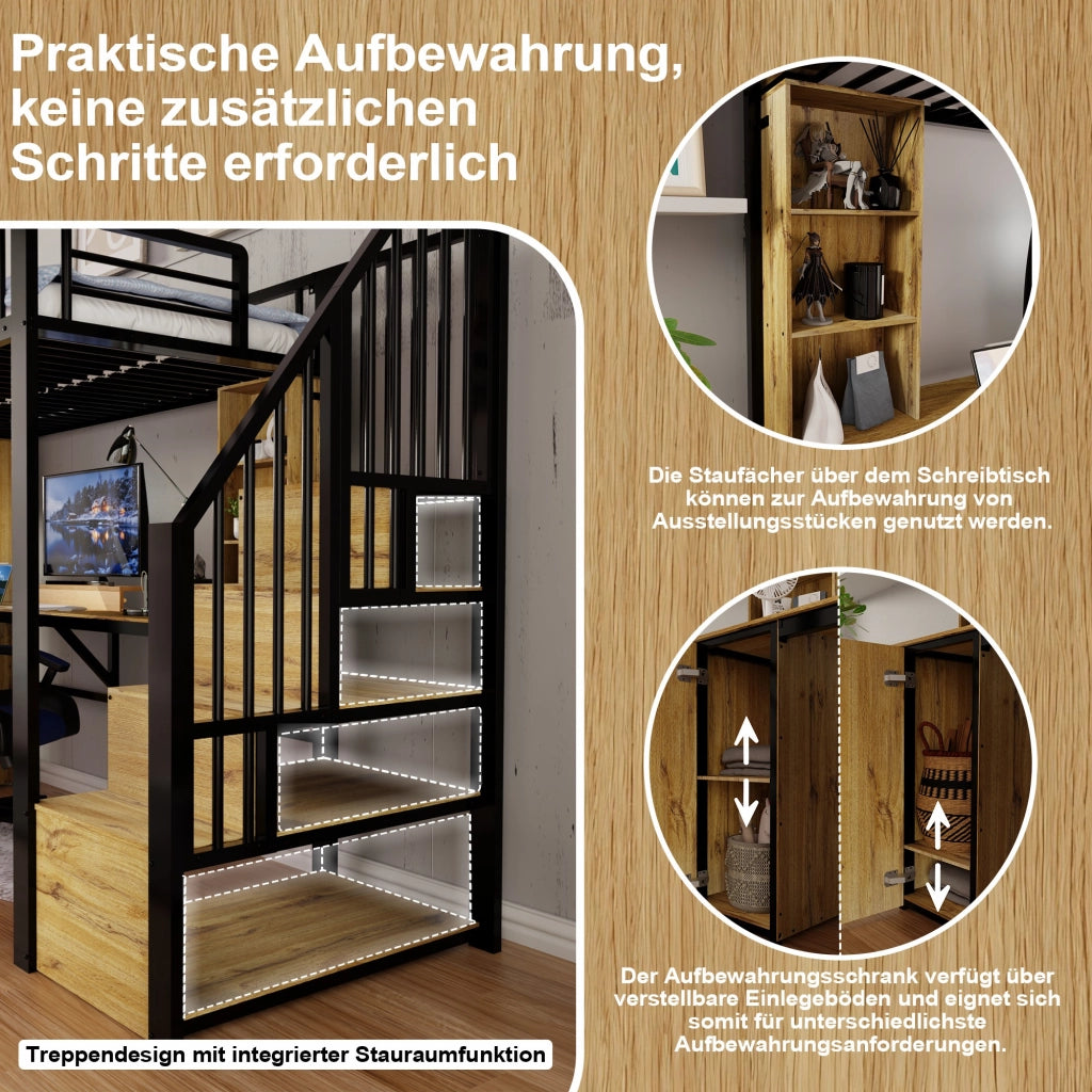 Letto a soppalco 90 × 200 cm in metallo e MDF nero con scrivania armadio scala contenitore e USB