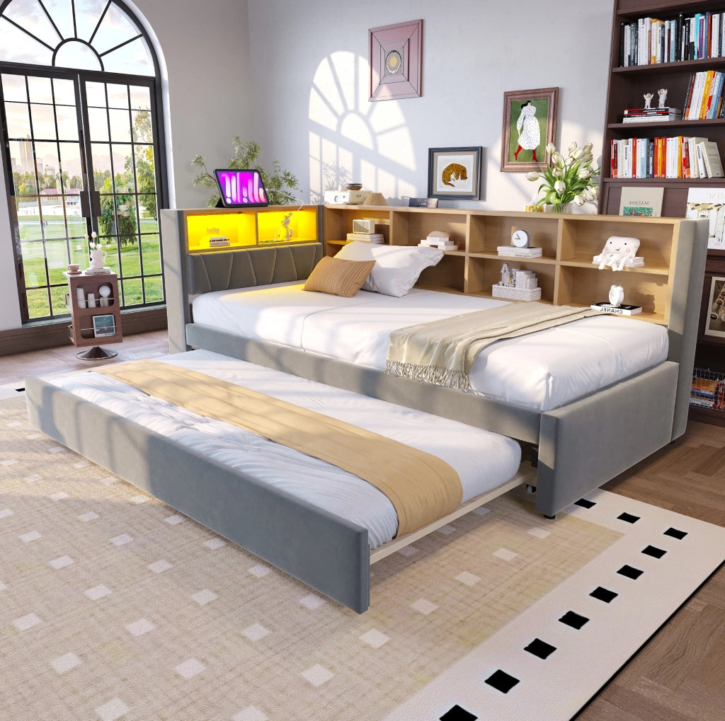 Divano letto 90x200 cm con letto estraibile; LED e prese in flanella grigio scuro
