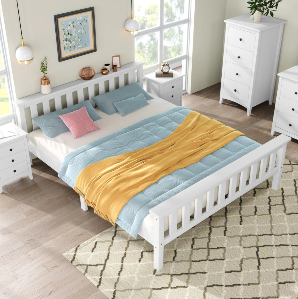 Letto matrimoniale in legno massiccio di pino 140x200 cm con rete a doghe, bianco
