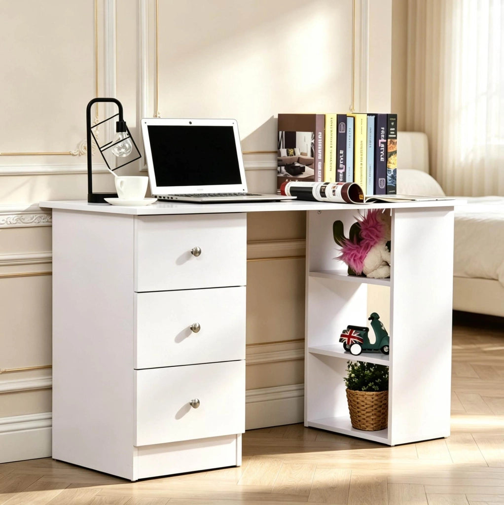 Scrivania da lavoro bianca con 3 cassetti e 2 ripiani, MDF e lega di alluminio, 120x49x72 cm