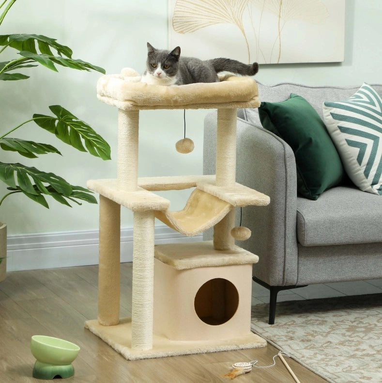 Tiragraffi per gatti 90 cm con amaca e cuccia, crema