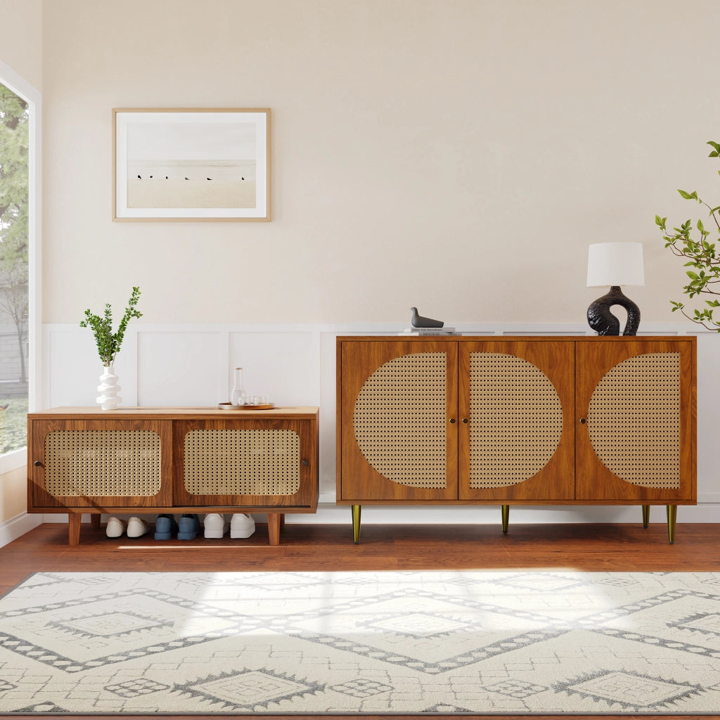 Set Mobiletto in Rattan per Soggiorno: Combinazione di Cassettiera e Scarpiera, Colore Noce