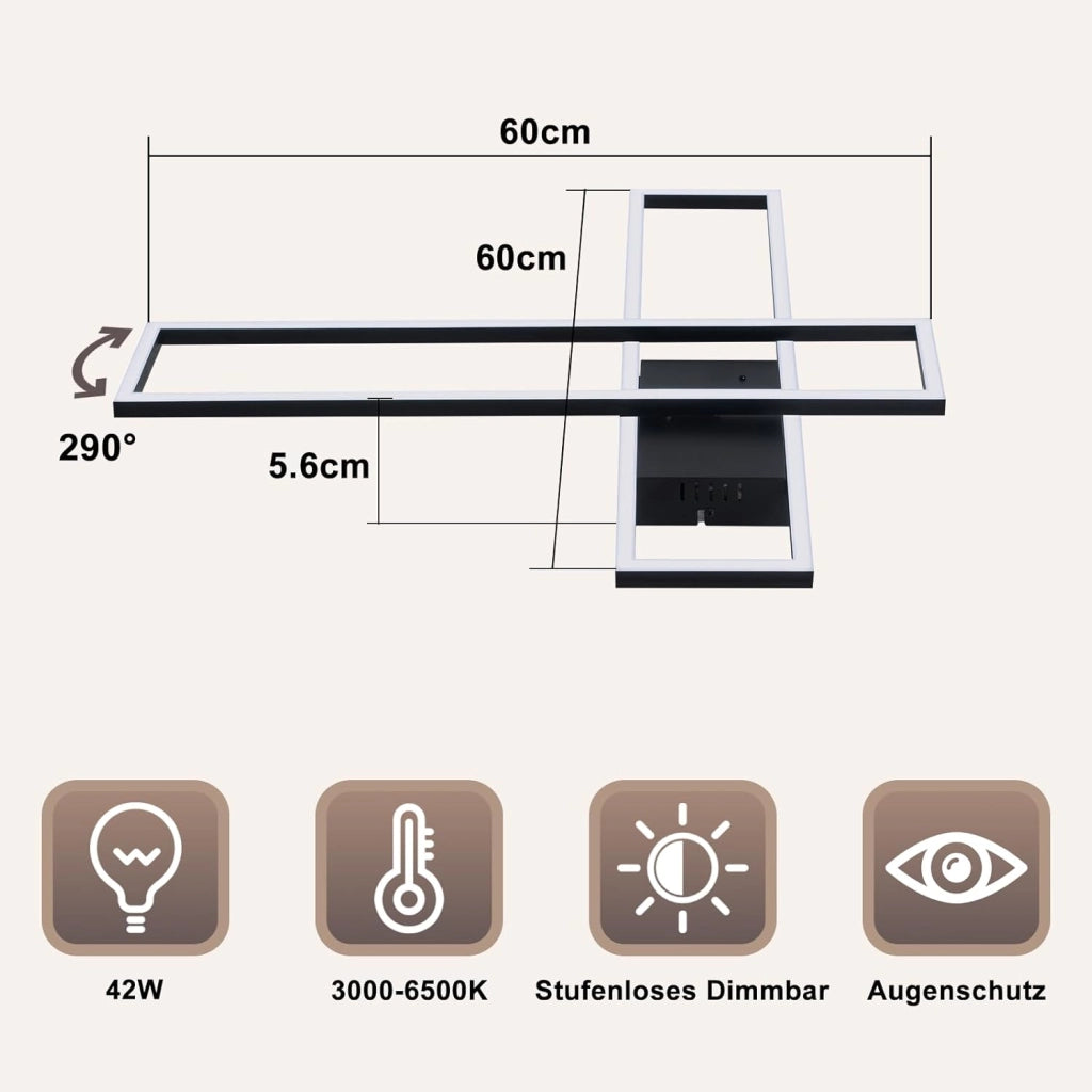 ZMH Lampada da soffitto plafoniera LED 42W nera dimmerabile telecomando design rettangolare per camera letto cucina