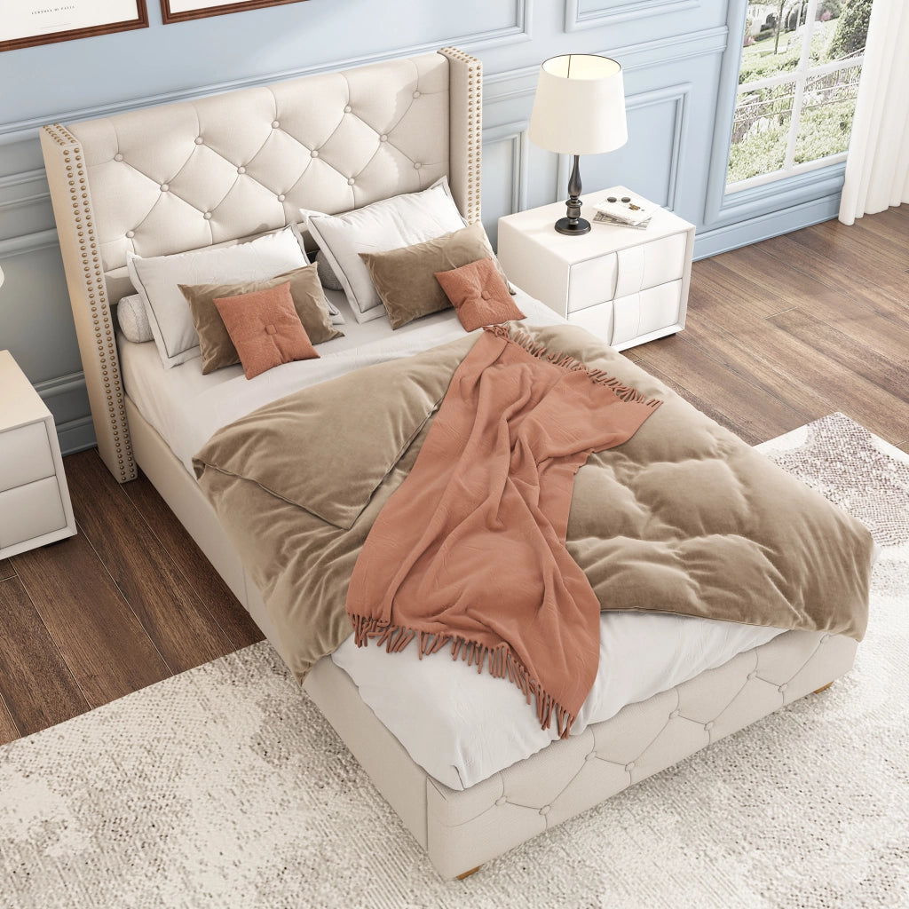 Letto imbottito 90x200 cm in lino beige con testiera trapuntata a bottoni e 12 doghe