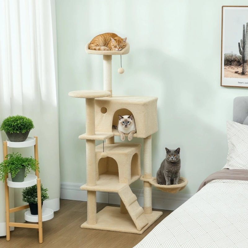 Tiragraffi per gatti con amaca, cuccia, scala e piattaforma superiore beige, pali in sisal, per 1-3 gatti