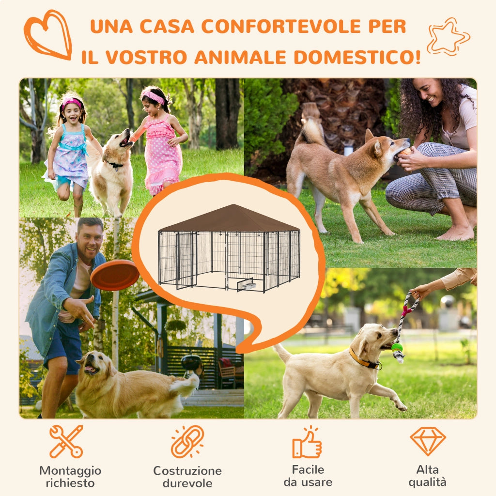 Recinto per Cani in Metallo e Tessuto Oxford con Porticina per Ciotole, 211x211x151 cm, Nero e Marrone