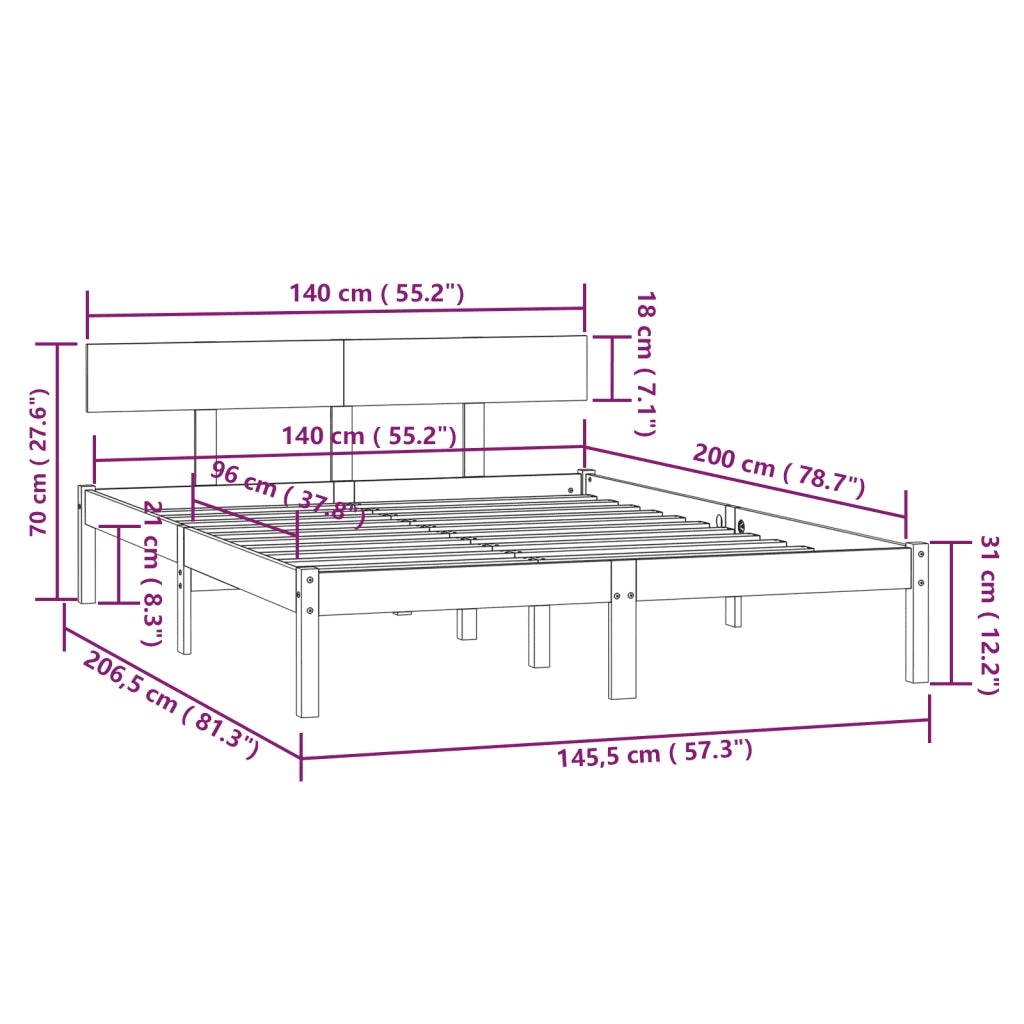 Letto matrimoniale | Letto per adulti | Giroletto Nero in Legno Massello di Pino 140x200 cm