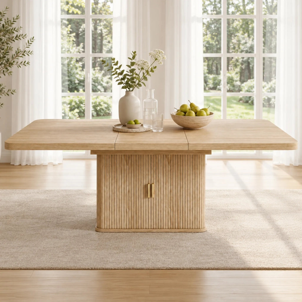 Tavolo da pranzo allungabile stile scandinavo, colore quercia, 150/200x90 cm, piano spesso con vano portaoggetti, per 6-8 persone