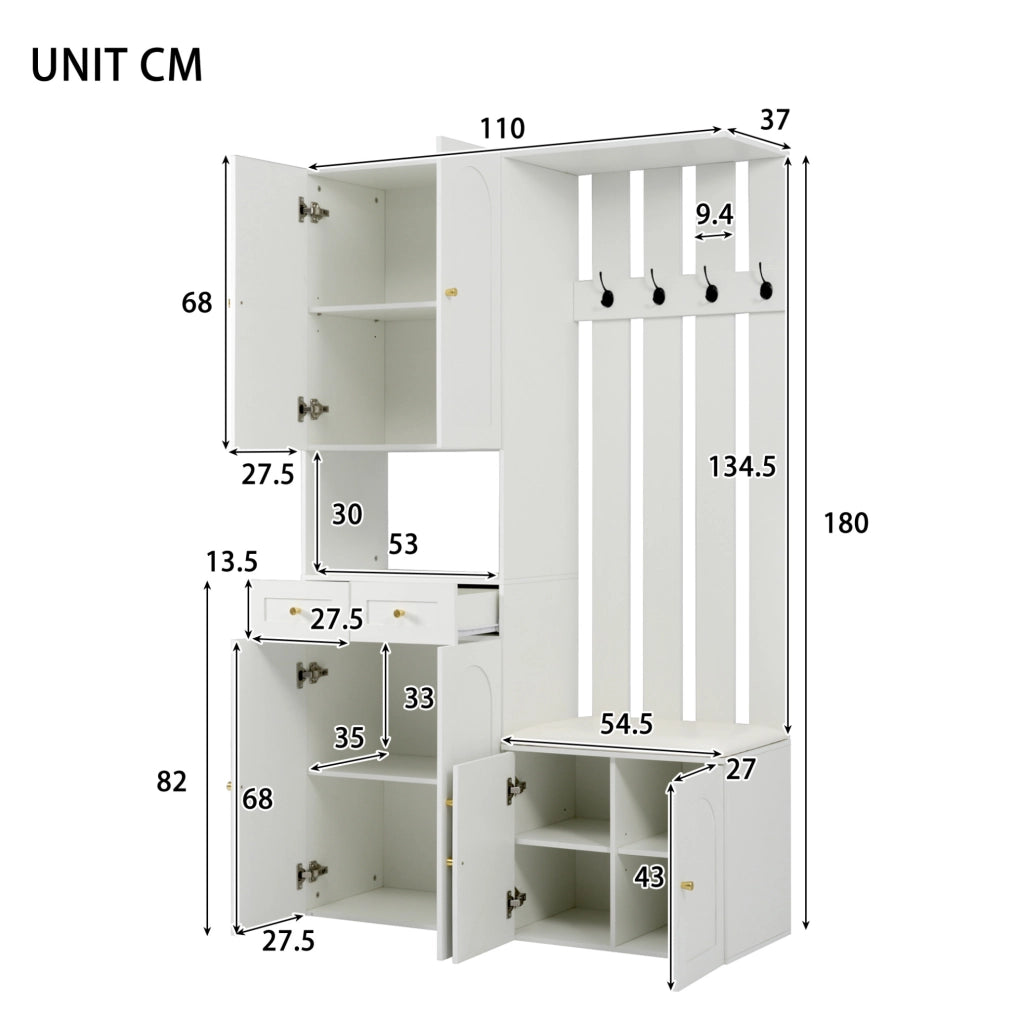 Set mobili ingresso con panca; scarpiera e appendiabiti; 6 ante; 2 cassetti; 4 ganci; bianco 110x37x180 cm HOMVRA
