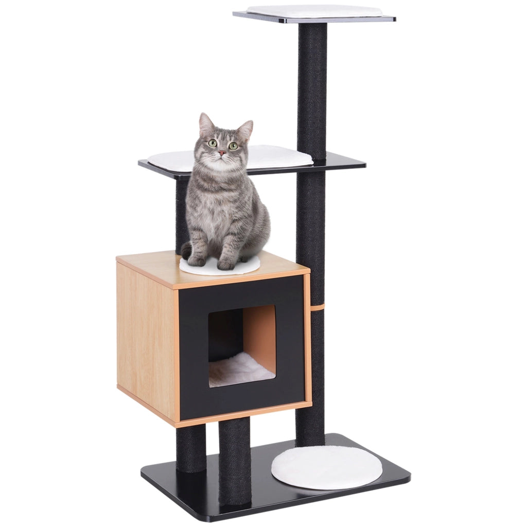 Albero tiragraffi per gatti centro attività in MDF e sisal con cuccia e piattaforme design moderno 71,5x49,5x120 cm nero e faggio