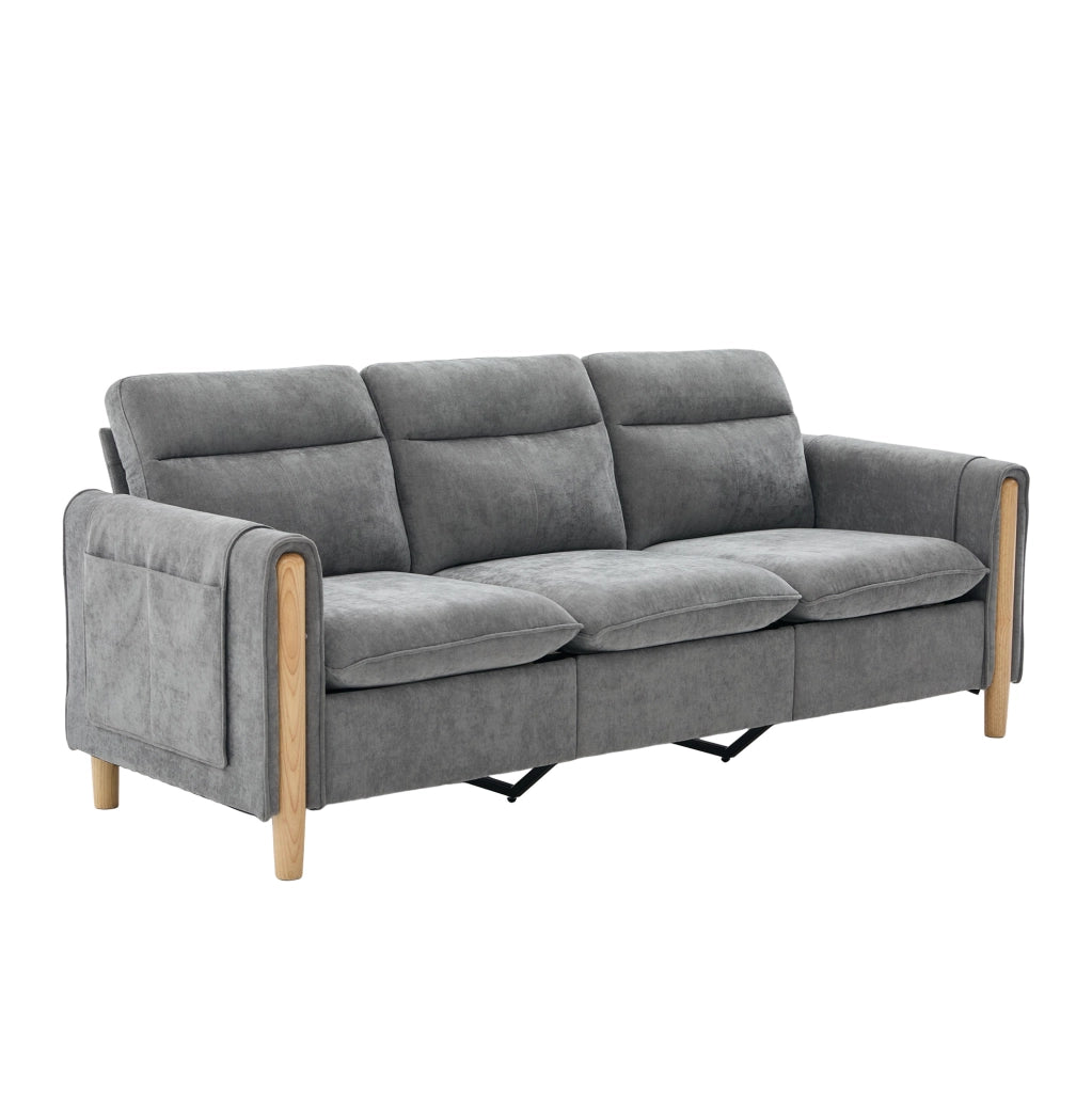 Divano angolare 3 posti 201 cm con pouf contenitore in ciniglia grigio chiaro