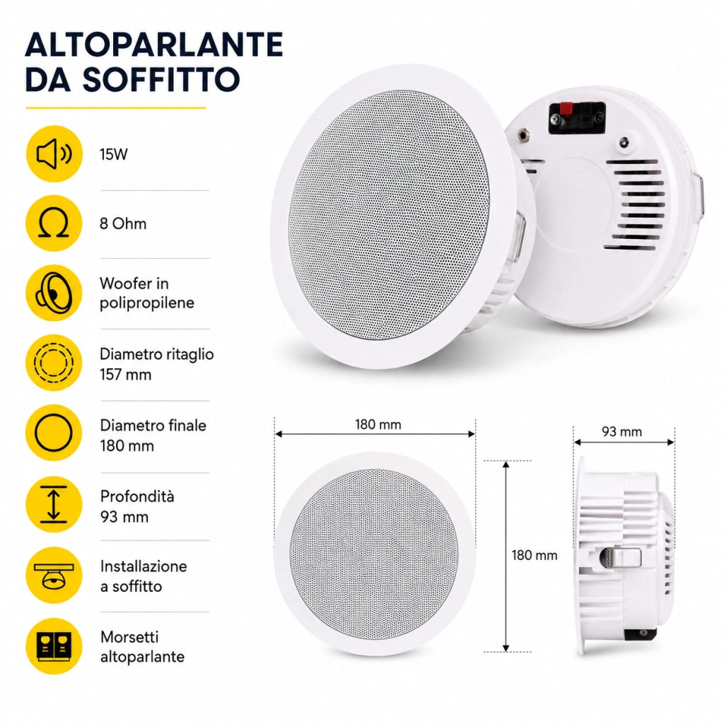 COPPIA ALTOPARLANTI SOFFITTO 15W CASSA INCASSO BLUETOOTH SPEAKER BIANCO MONO