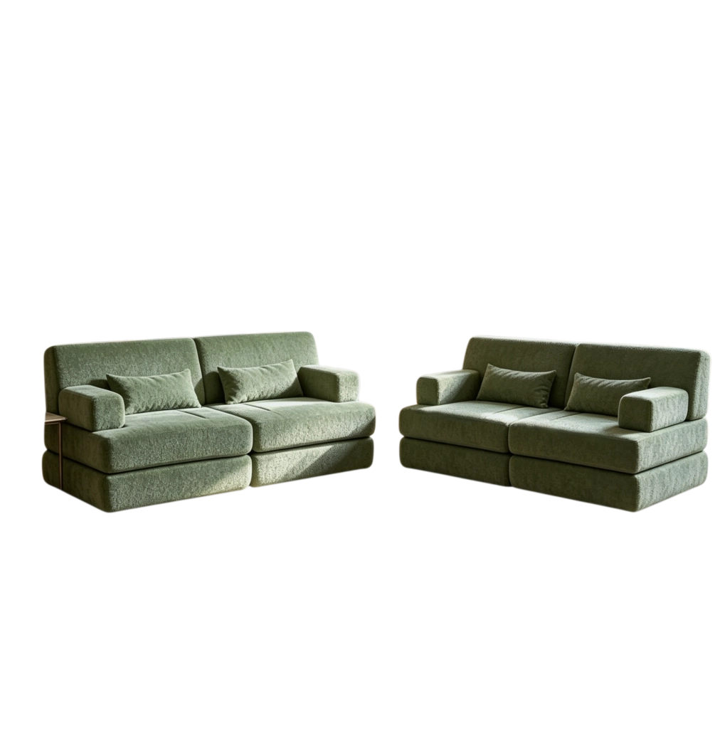 Divano Letto Modulare 2 in 1 Pieghevole in Ciniglia Verde per Soggiorno Camera da Letto e Ufficio